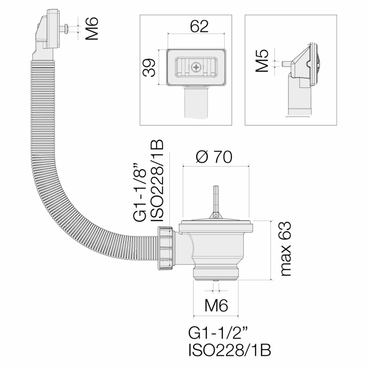 Valsir 1" 1/2 waste with cap and rectangular overflow - Image 2